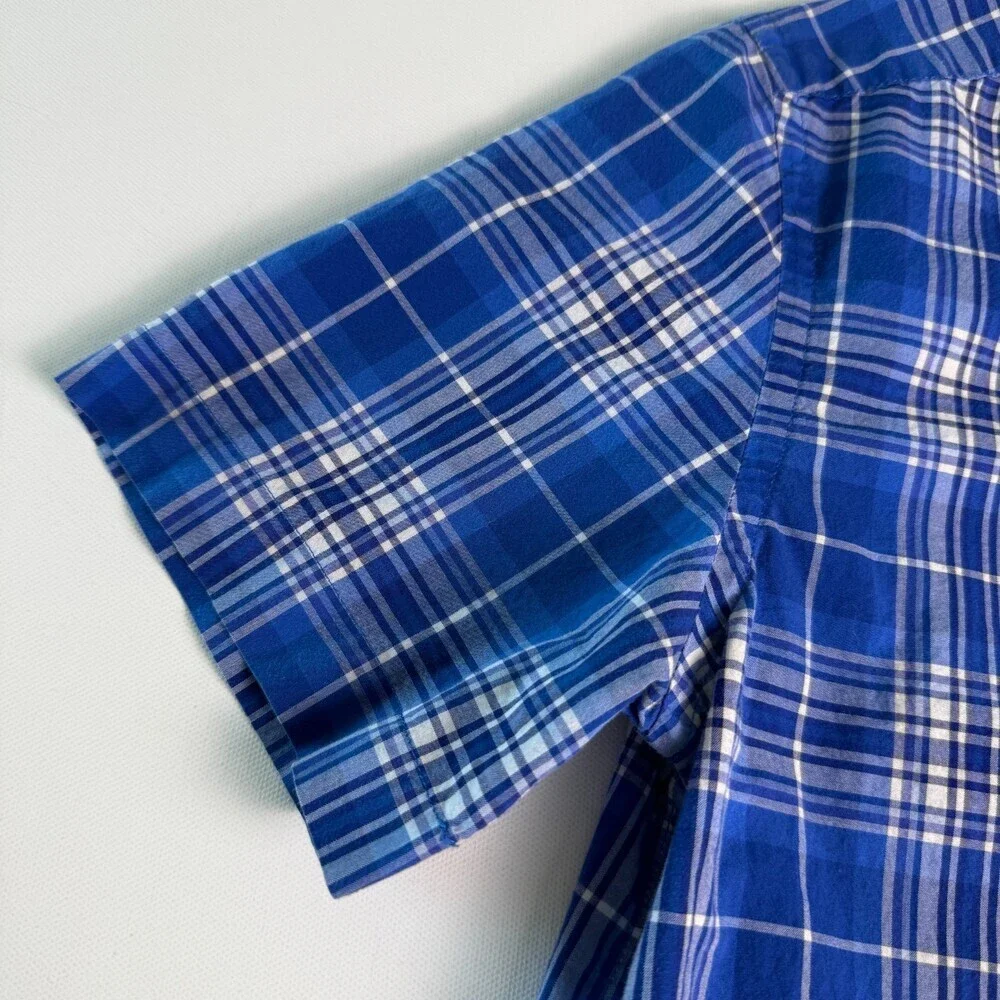 Ralph Lauren Boys Blue Plaid Short Sleeve Button Down Shirt Size L 14-16 Cotton